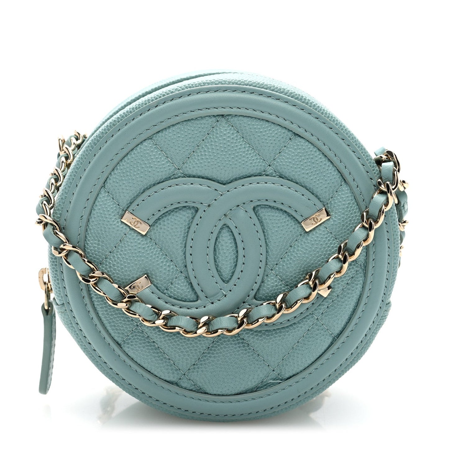 Caviar Quilted Round Filigree Crossbody Light Blue