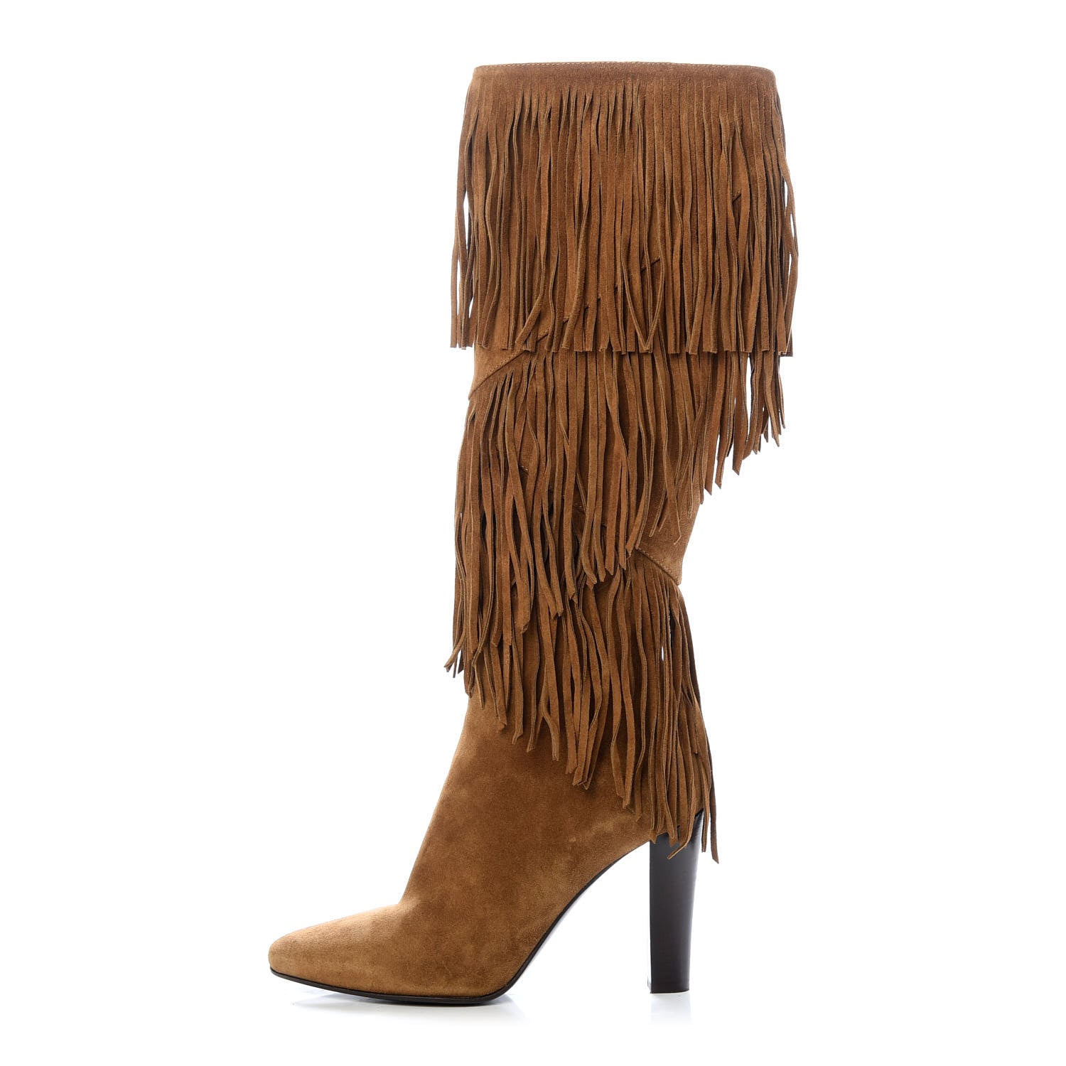 Saint Laurent Suede Lily Knee High Fringed Boots 37 Cigar 1 of 12