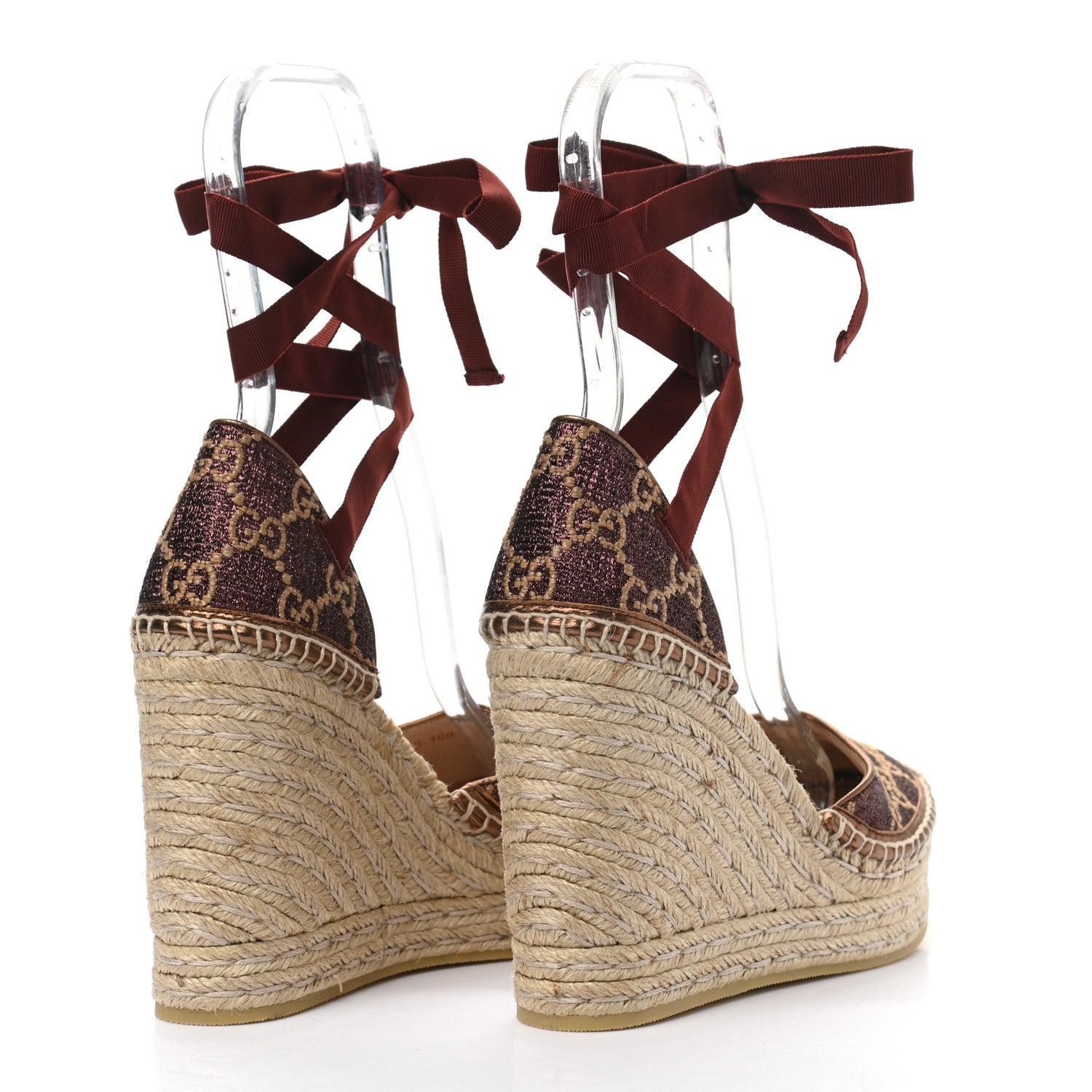 Gucci Lame GG Monogram Ankle Wrap Platform Espadrille Wedges 38 Beige Brown 4 of 10