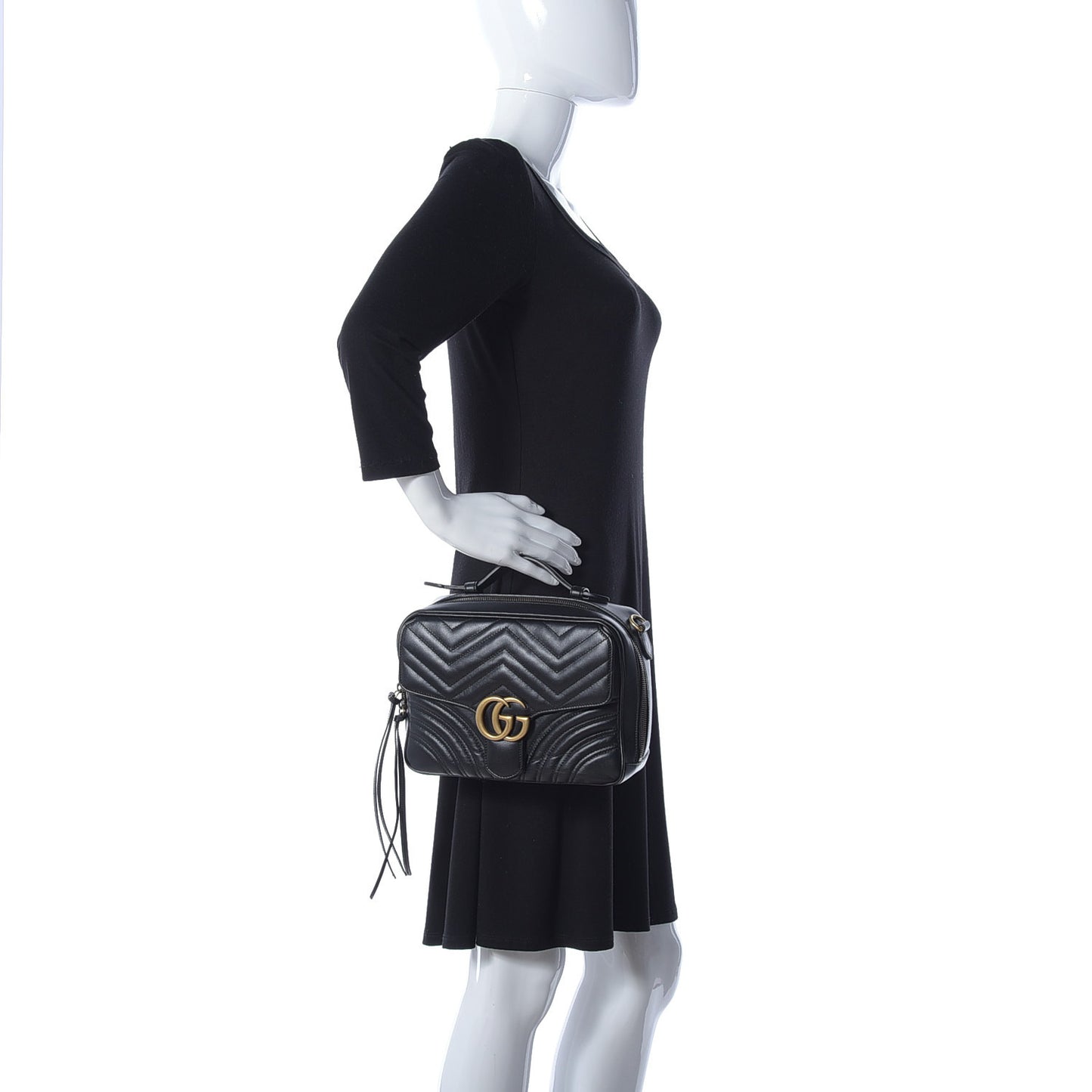 Calfskin Matelasse Sylvie Web Small GG Marmont Top Handle Shoulder Bag Black