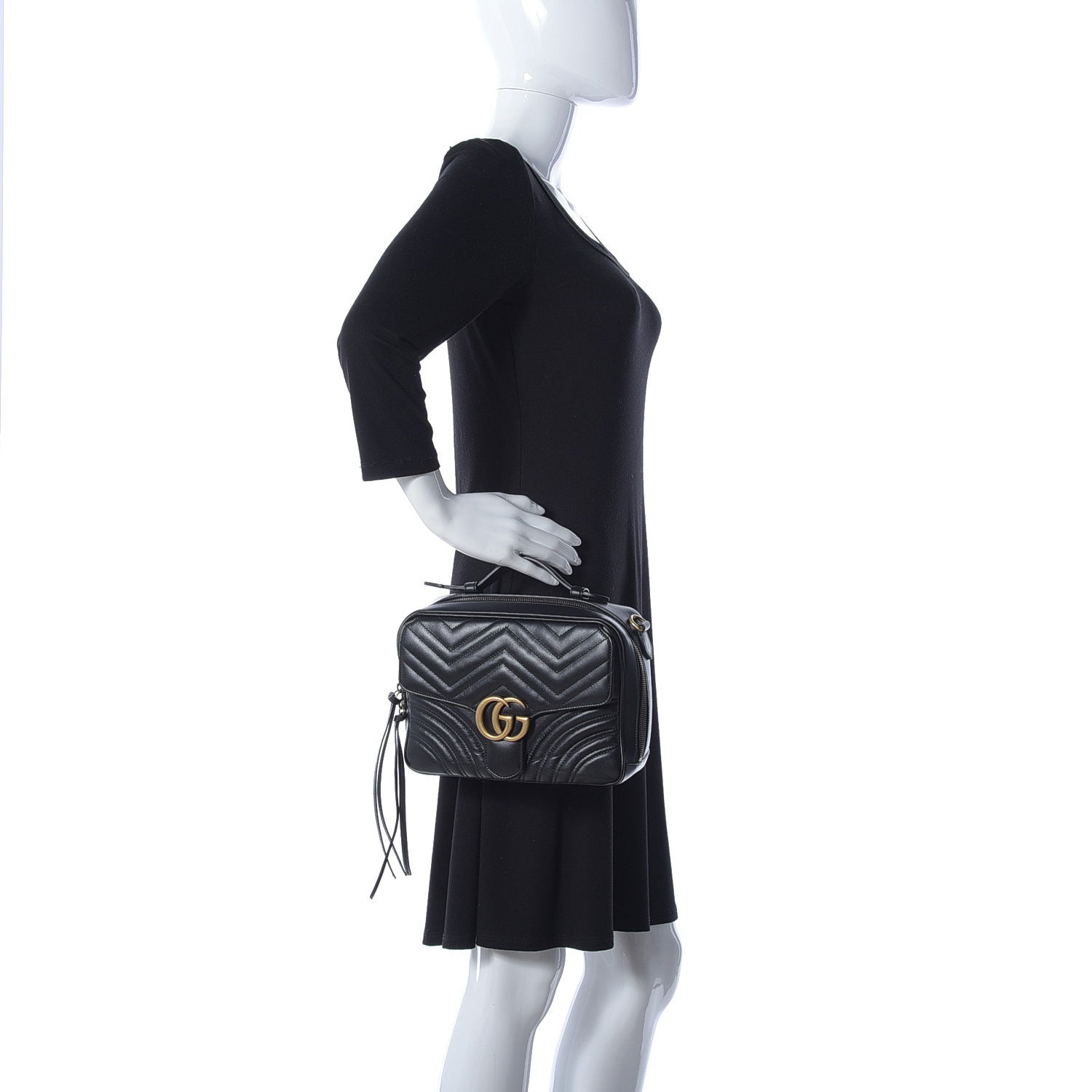 Gucci Calfskin Matelasse Sylvie Web Small GG Marmont Top Handle Shoulder Bag Black 3 of 11