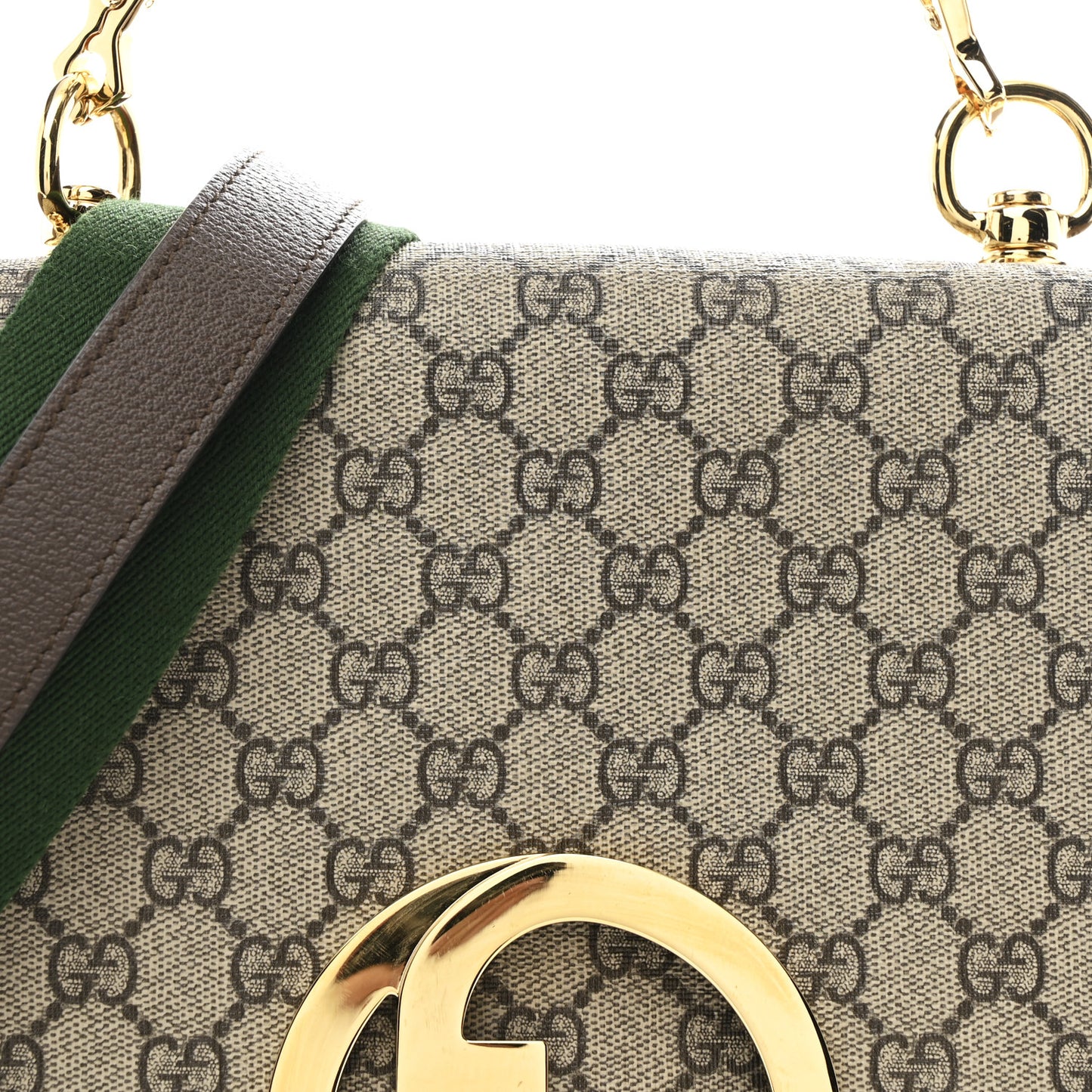 GG Supreme Monogram Textured Dollar Calfskin Web Medium Blondie Top Handle Shoulder Flap Bag Beige Ebony New Acero