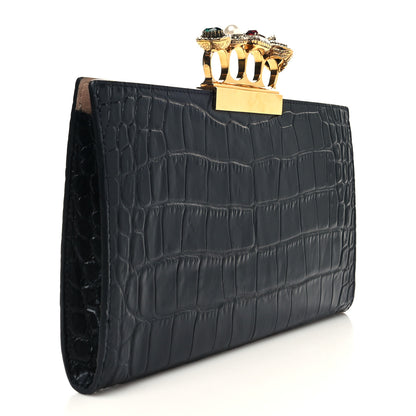Alexander McQueen Calfskin Crocodile Embossed Knuckle Flat Clutch Black Gold 3 of 13