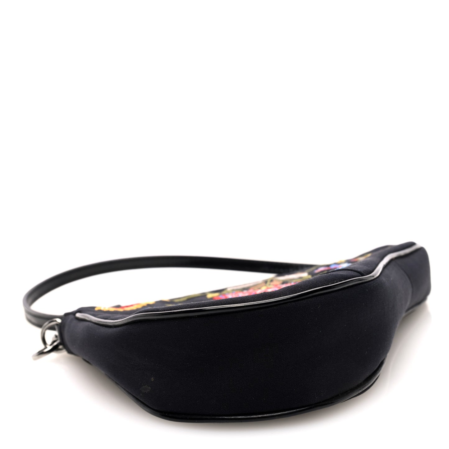 Satin Embroidered Floral Mini Saddle Pochette Bag Black