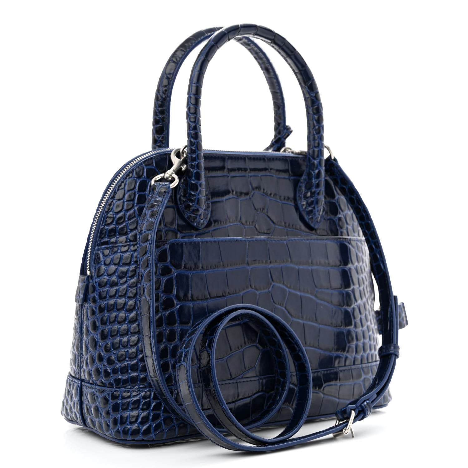 Balenciaga Shiny Calfskin Logo Crocodile Embossed S Ville Top Handle Bag Navy White 3 of 12