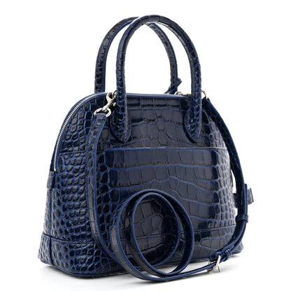 Balenciaga Shiny Calfskin Logo Crocodile Embossed S Ville Top Handle Bag Navy White 3 of 12