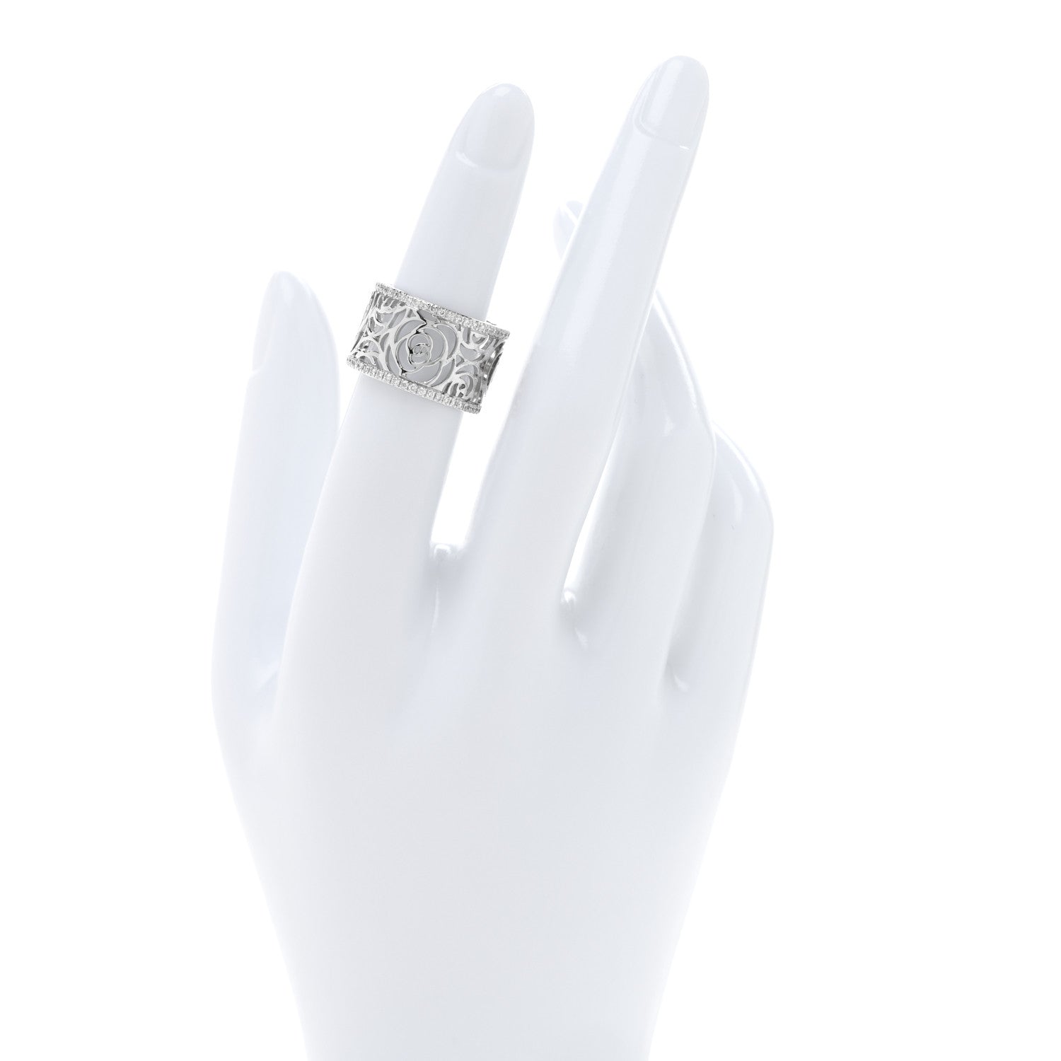 Chanel 18K White Gold Diamond Camellia Ajoure Band Ring 51 5.75 2 of 5