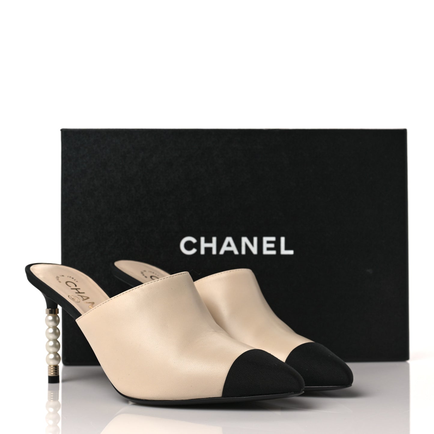 Lambskin Grosgrain Cap Toe Pearl Mule 39 Beige Black