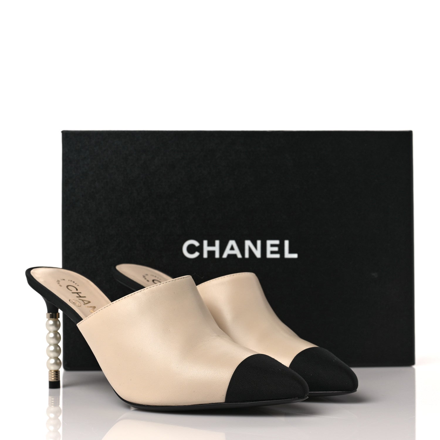 Chanel Lambskin Grosgrain Cap Toe Pearl Mule 39 Beige Black 10 of 10