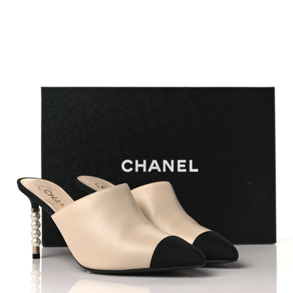 Chanel Lambskin Grosgrain Cap Toe Pearl Mule 39 Beige Black 10 of 10