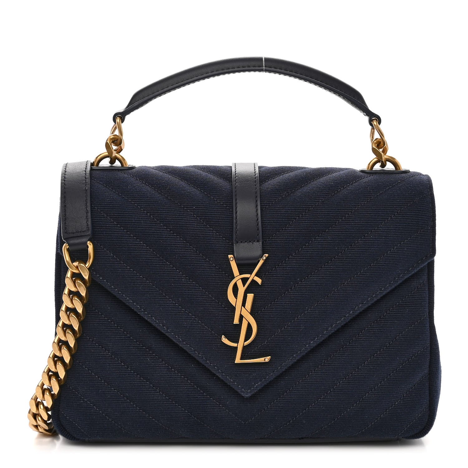 Saint Laurent Smooth Calfskin Cotton Canvas Matelasse Chevron Monogram Medium College Bag Deeply Blue 1 of 9