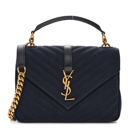 Saint Laurent Smooth Calfskin Cotton Canvas Matelasse Chevron Monogram Medium College Bag Deeply Blue 1 of 9