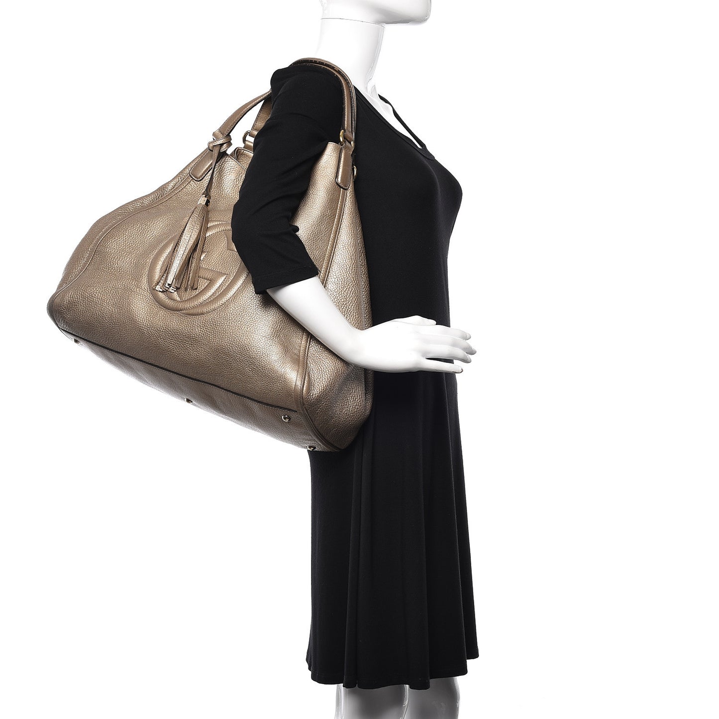 Metallic Pebbled Calfskin Large Soho Shoulder Bag Golden Beige