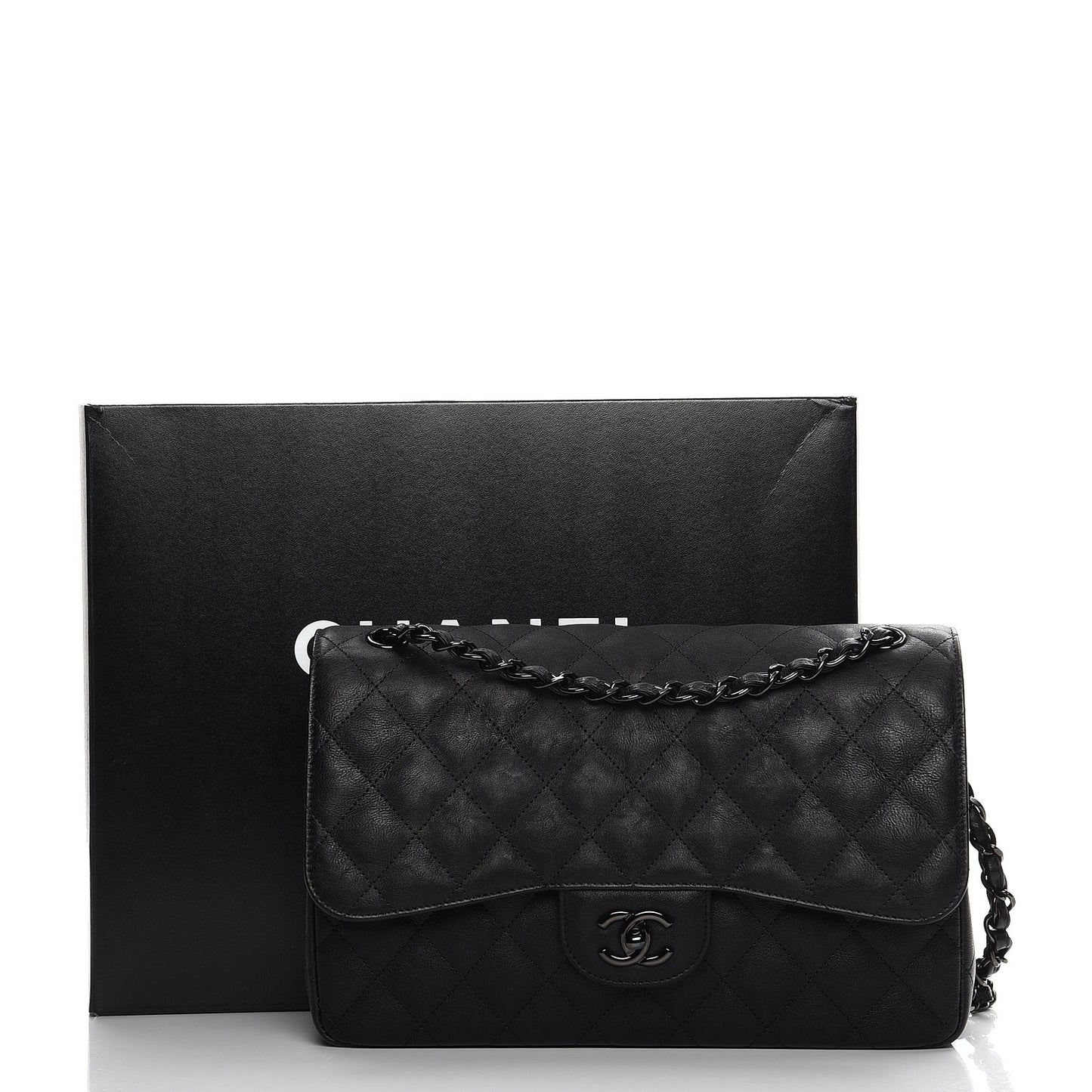 Crumpled Calfskin Quilted Jumbo Double Flap So Black