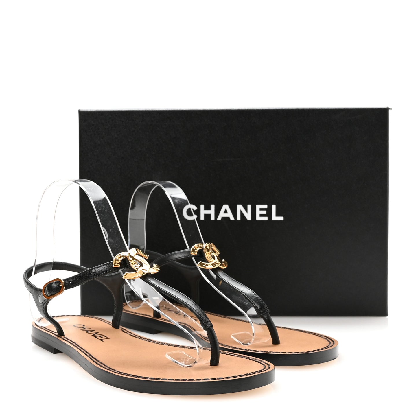Lambskin CC Thong Sandals 36.5 Black Gold