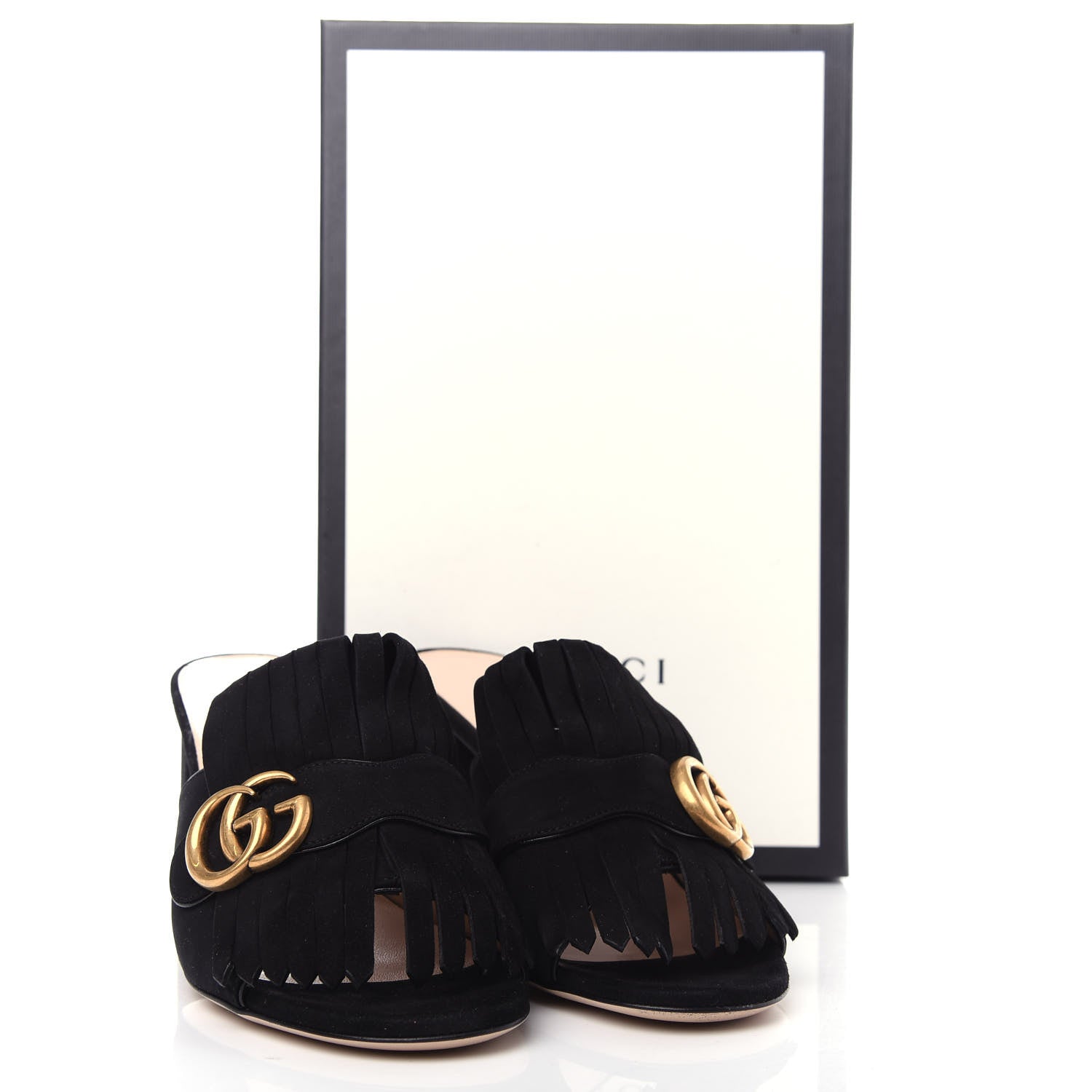 Gucci Kid Scamosciato GG Marmont Fringe 75mm Slide Sandals 38 Black 10 of 10