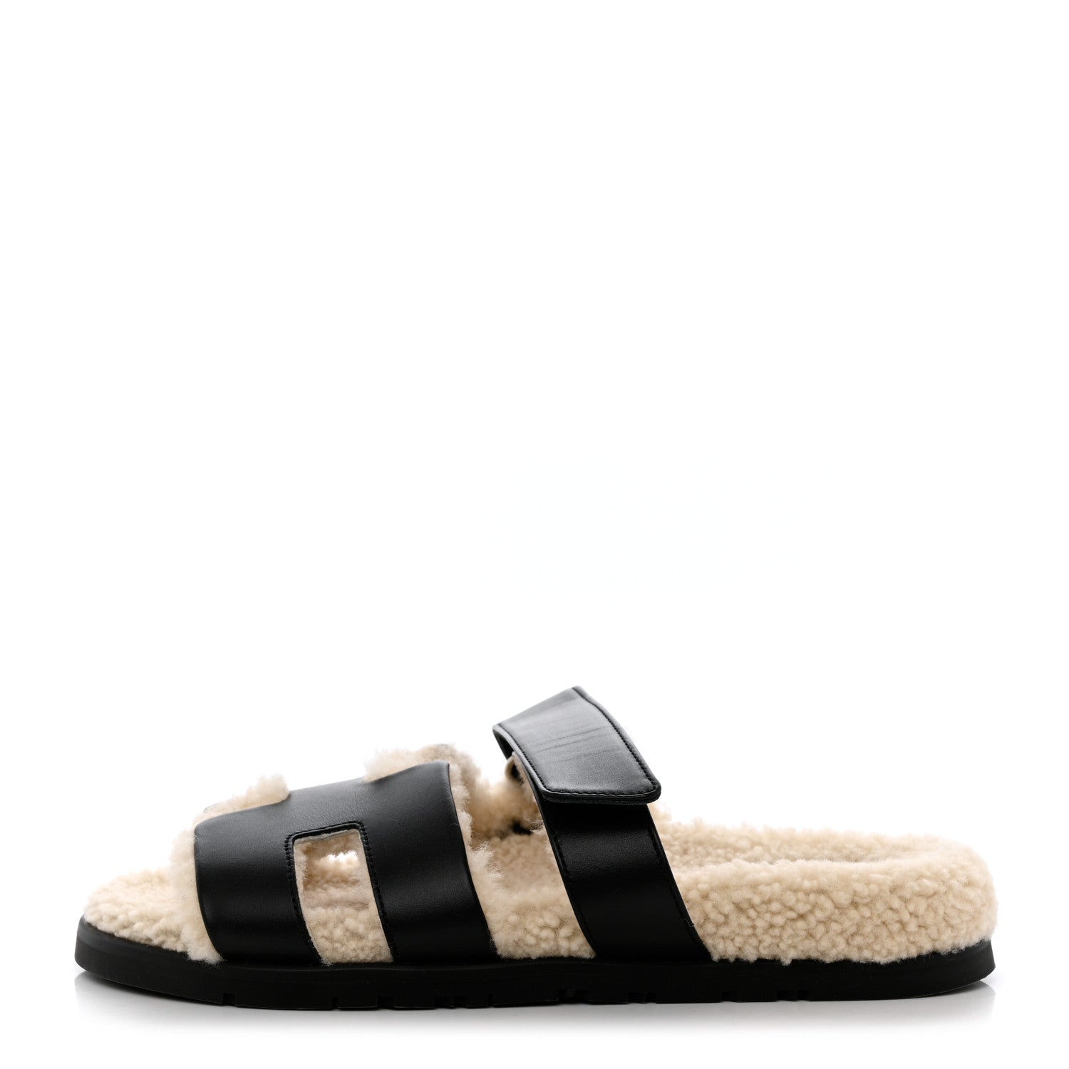 Hermes Veau Indios Woolskin Mens Chypre Sandals 38 Black Ecru 1 of 10