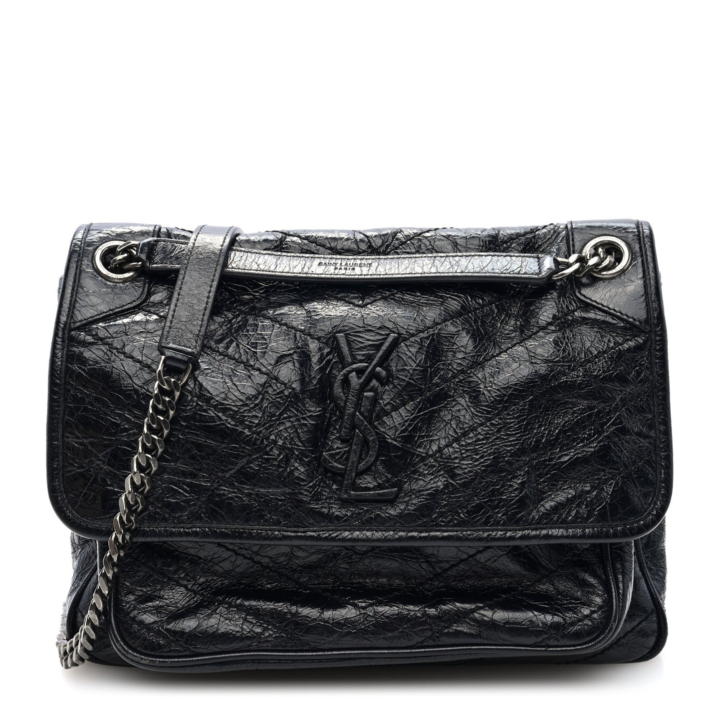 Crinkled Calfskin Matelasse Monogram Medium Niki Chain Satchel Black