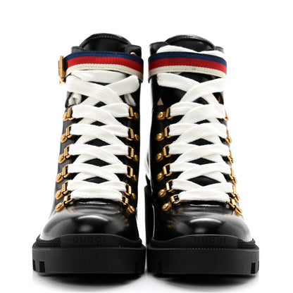 Gucci Calfskin Sylvie Web Womens Lace Up Combat Boots 37.5 Black 2 of 10