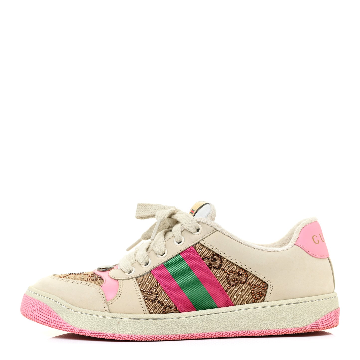 New GG Monogram Nubuck Web Crystal Embellished Womens Screener Sneakers 38.5 Camel Ebony Wild Rose