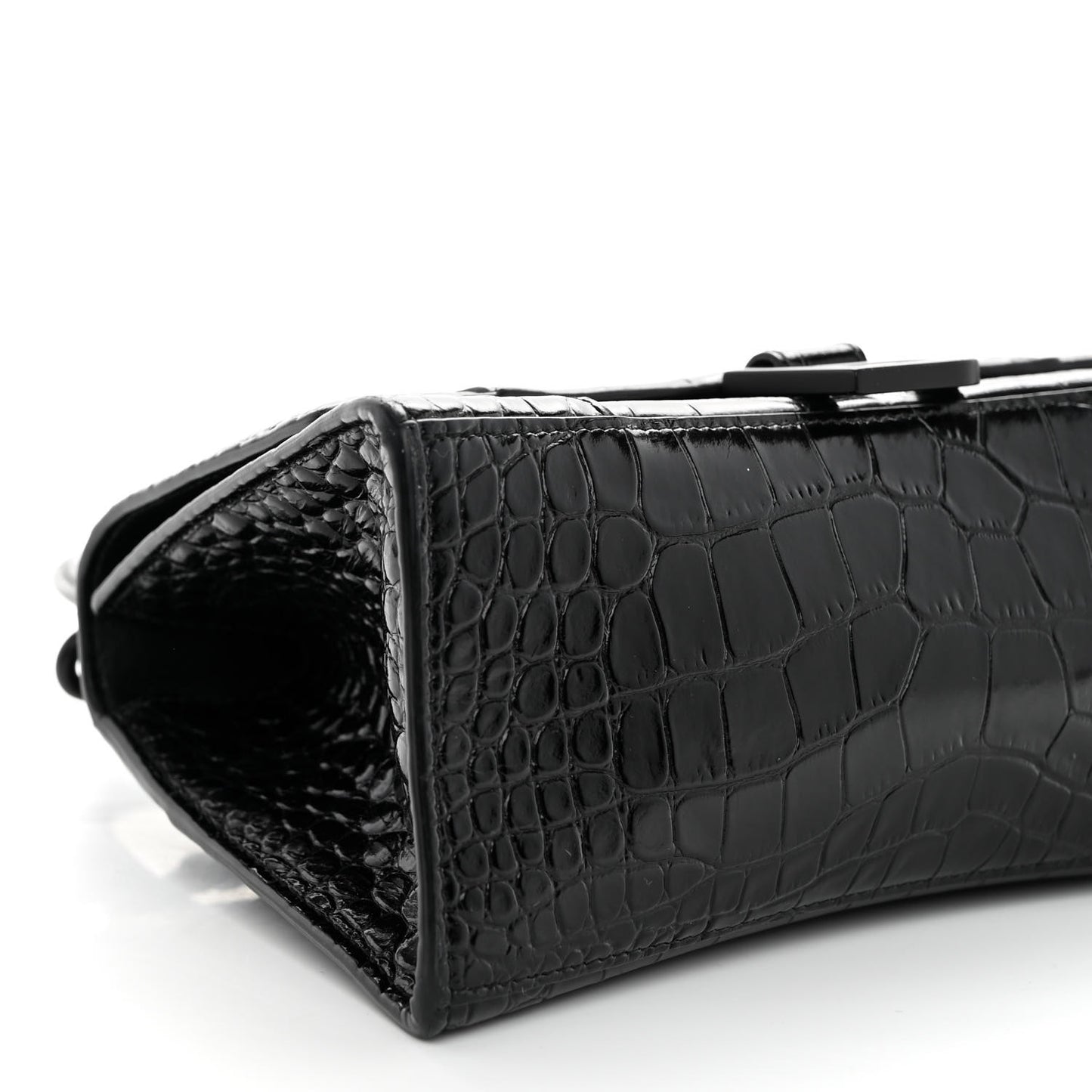 Shiny Calfskin Monochrome Crocodile Embossed Small Hourglass Top Handle Bag Black