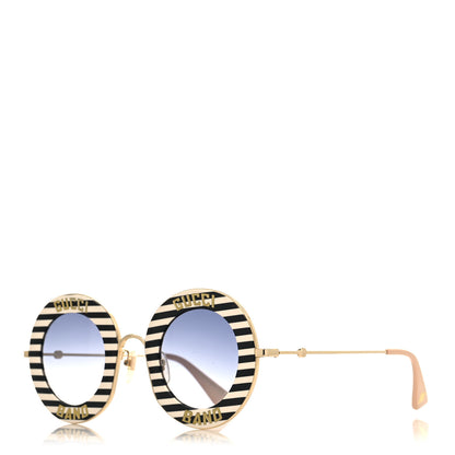 Gucci Metal Acetate Striped Gucci Band Round Frame Sunglasses GG0113S Black White 1 of 6