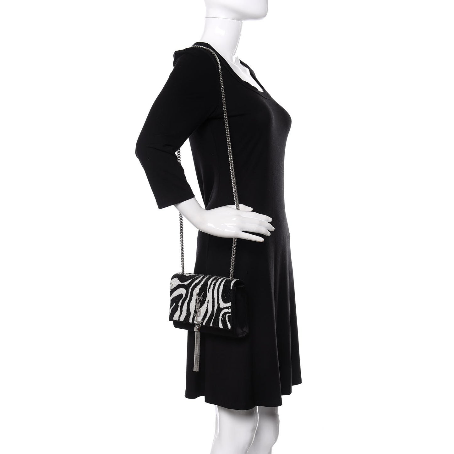 Satin Sequin Zebra Small Monogram Kate Tassel Satchel Black White