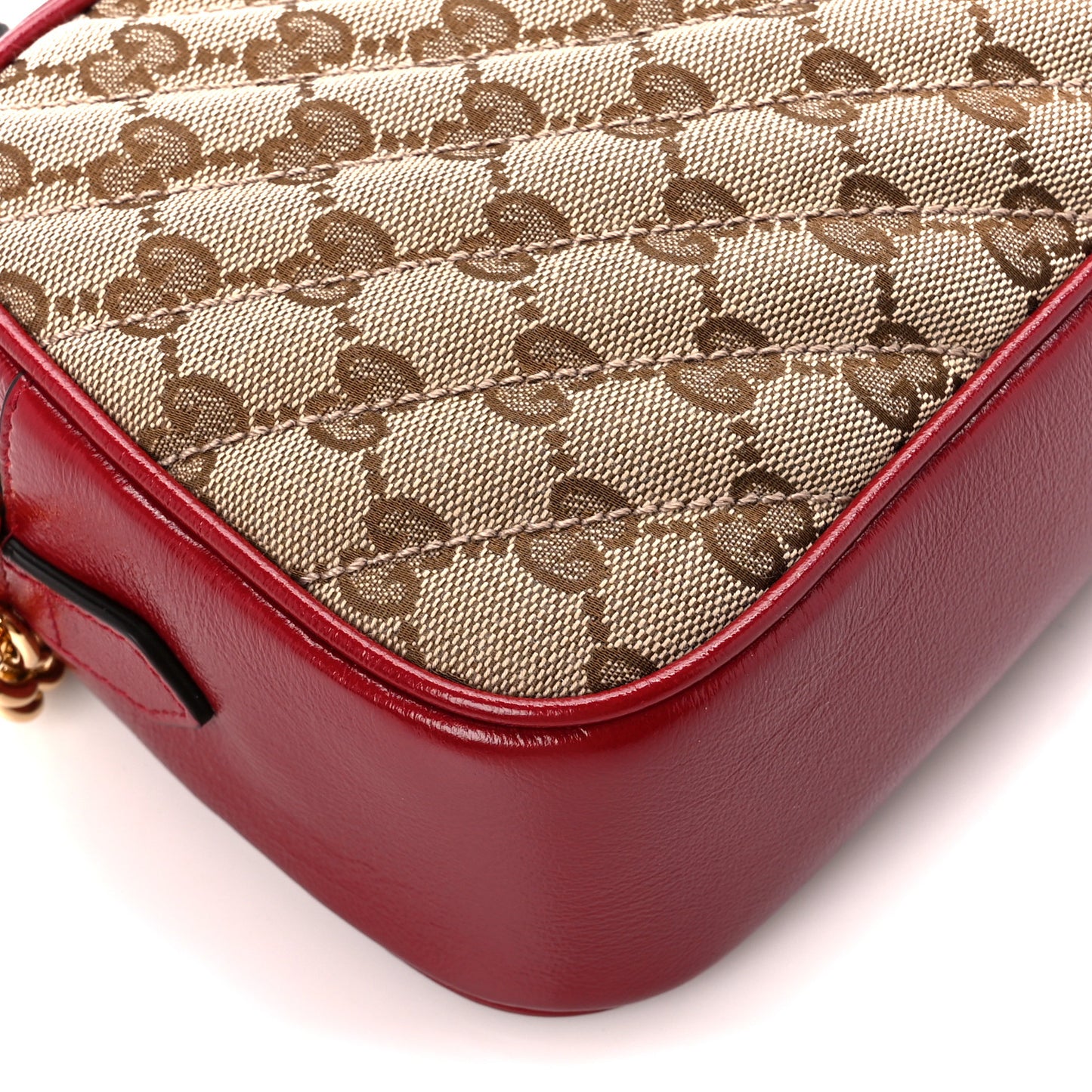 Monogram Azalea Calfskin Matelasse Diagonal Small GG Marmont Chain Shoulder Bag Beige Ebony New Cherry Red