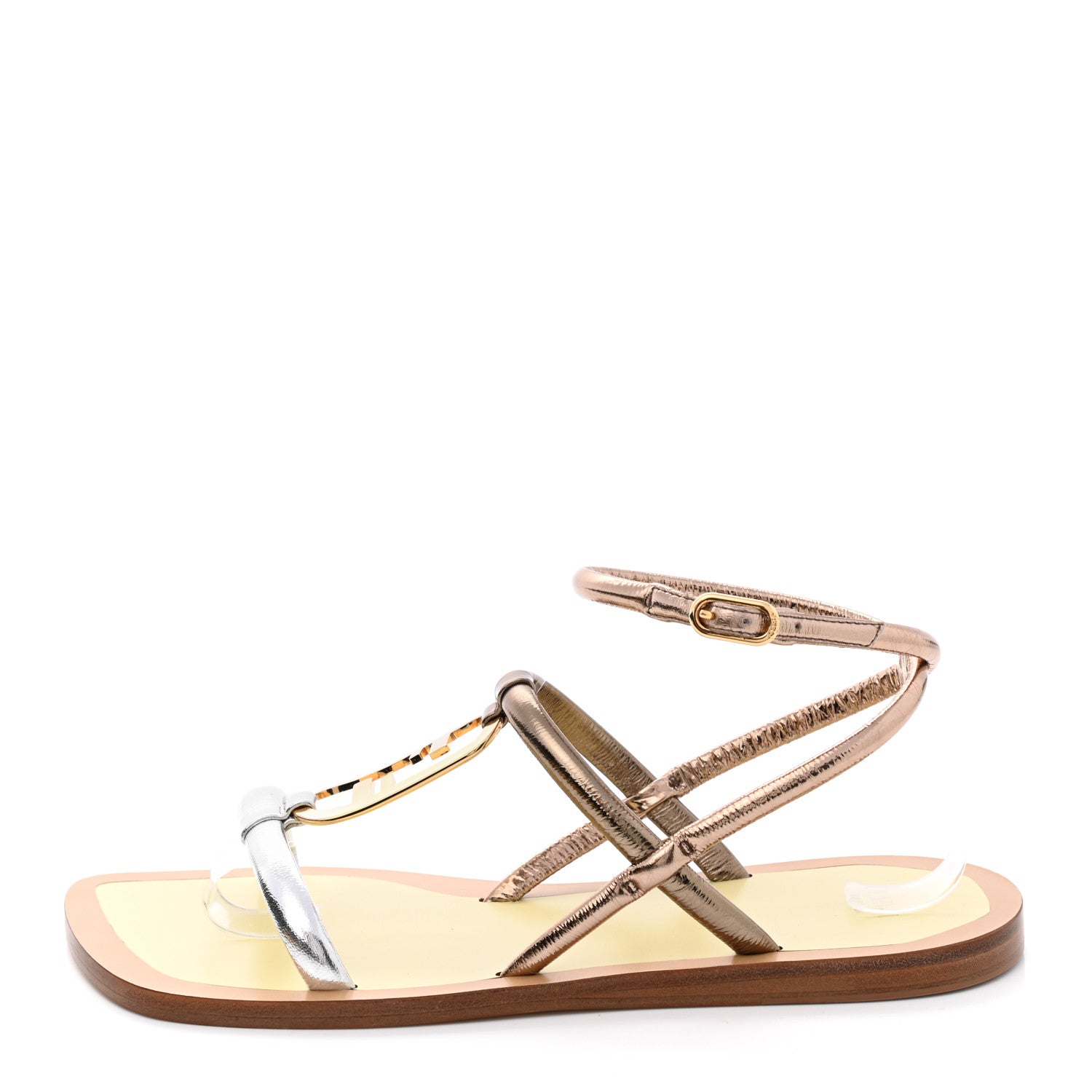 Fendi Metallic Nappa Fendi O'Lock Gladiator Flat Sandals 38 Argento Stagno Champagne 1 of 8