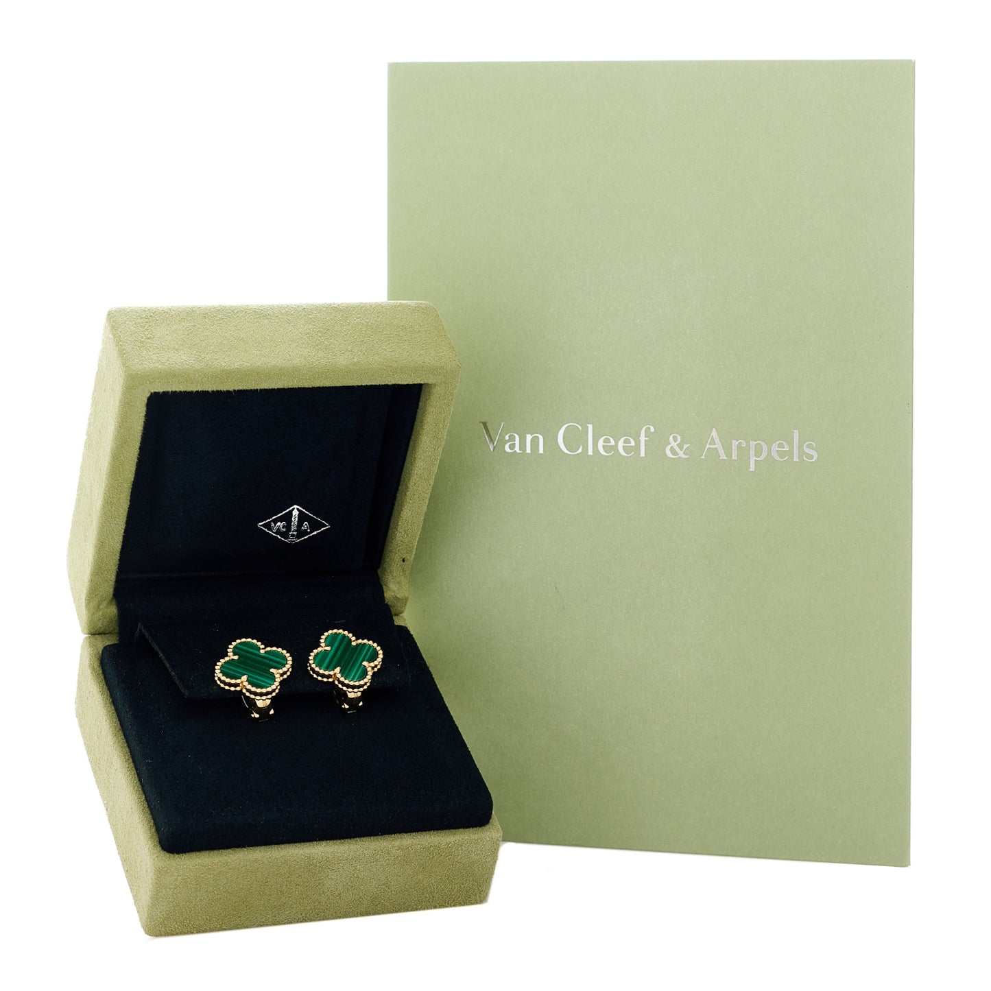 18K Yellow Gold Malachite Vintage Alhambra Earrings