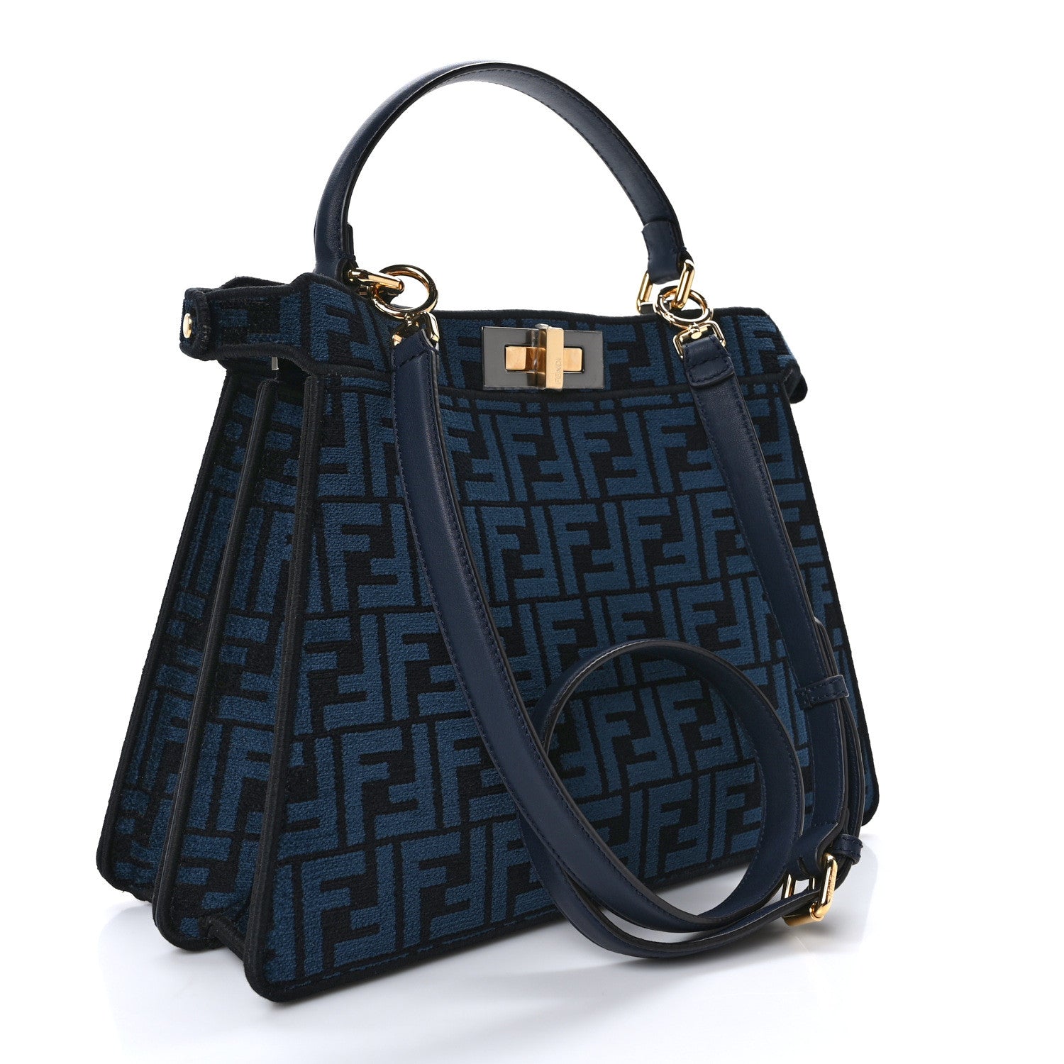 Fendi Chenille Vitello Seta FF Medium Peekaboo I SEE U Satchel Blue Black 3 of 12