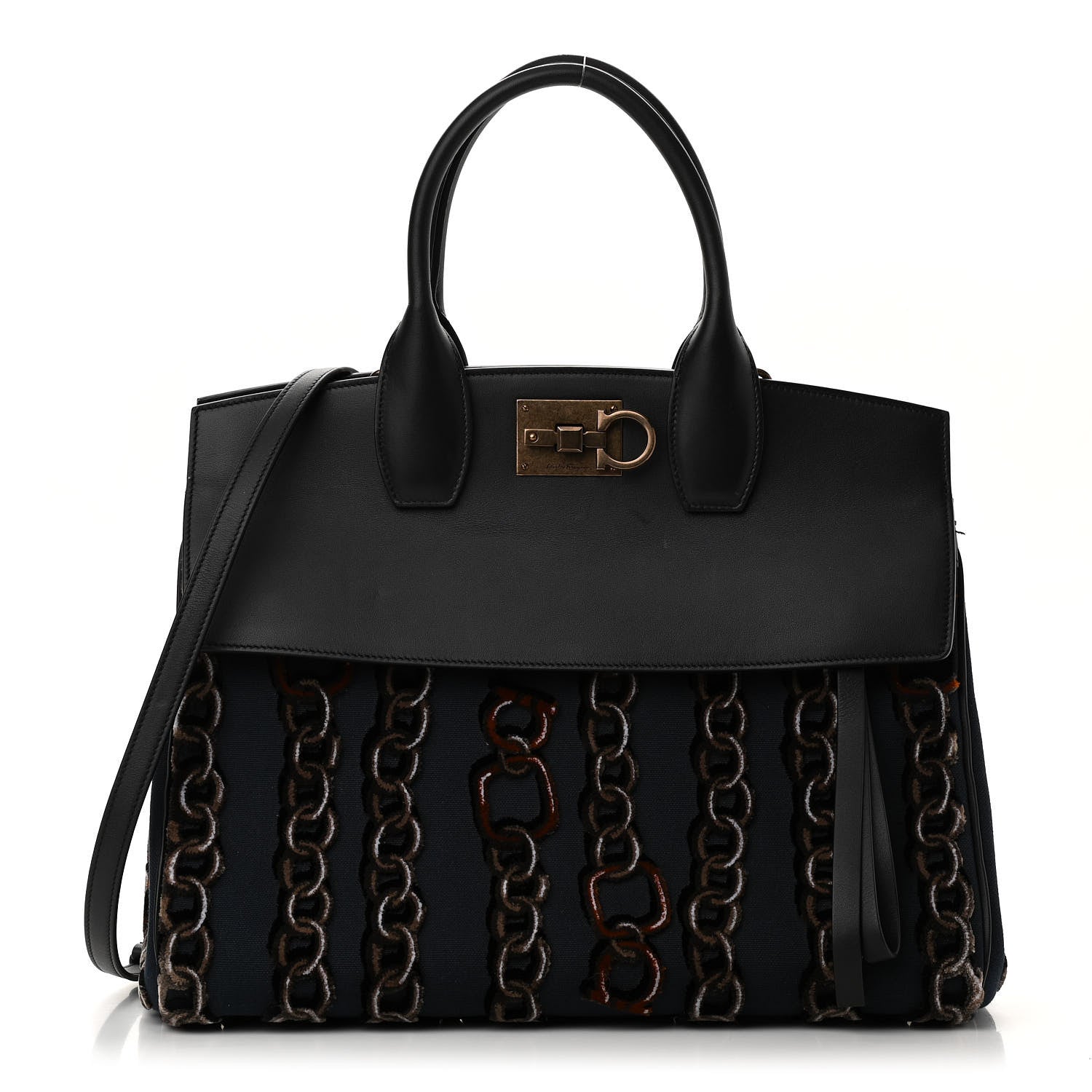 Salvatore Ferragamo Embroidered Canvas Calfskin The Studio Bag Navy Black 1 of 9