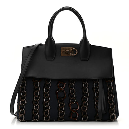 Salvatore Ferragamo Embroidered Canvas Calfskin The Studio Bag Navy Black 1 of 9