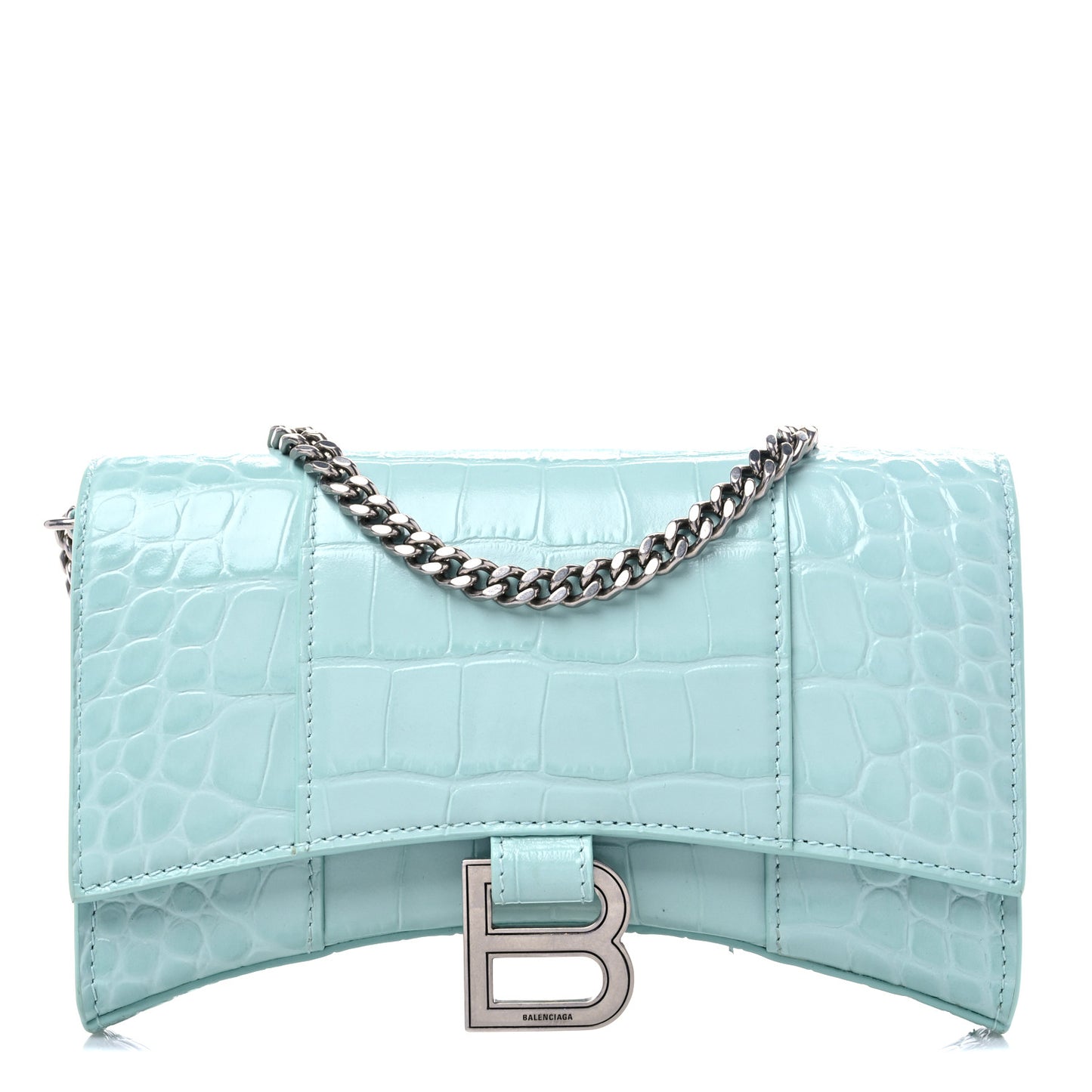 Shiny Calfskin Crocodile Embossed Hourglass Chain Bag Green Acqua