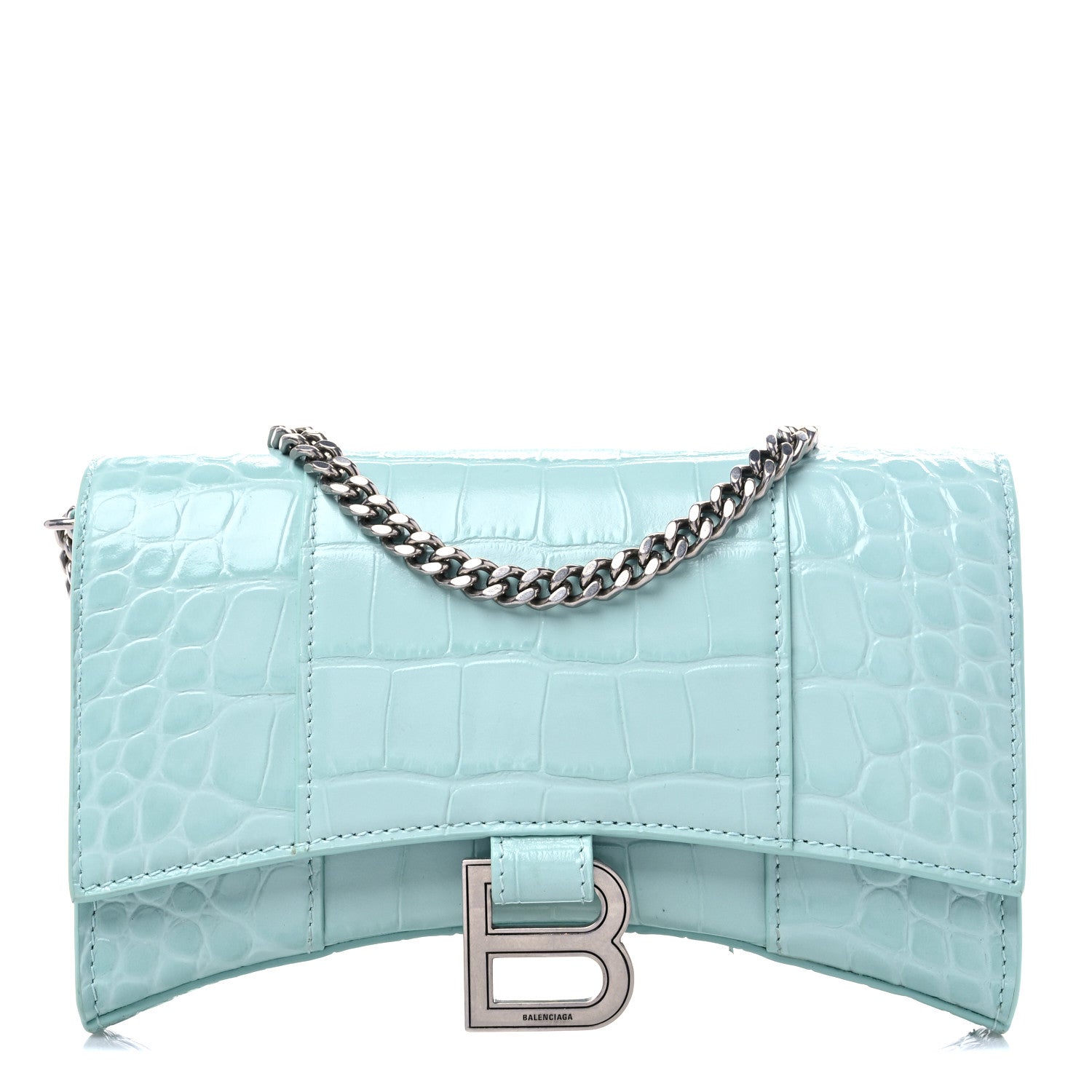 Balenciaga Shiny Calfskin Crocodile Embossed Hourglass Chain Bag Green Acqua 1 of 8