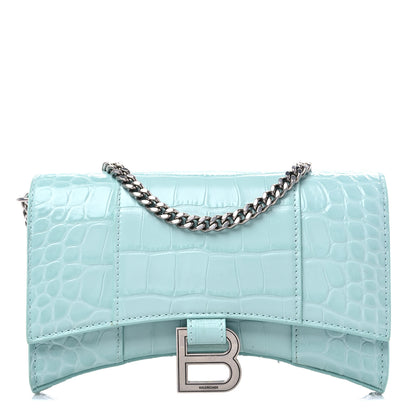 Balenciaga Shiny Calfskin Crocodile Embossed Hourglass Chain Bag Green Acqua 1 of 8