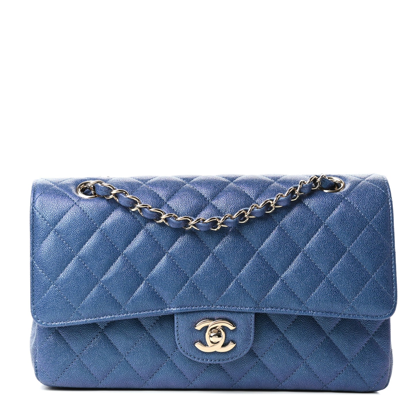 Iridescent Caviar Quilted Medium Double Flap Dark Blue