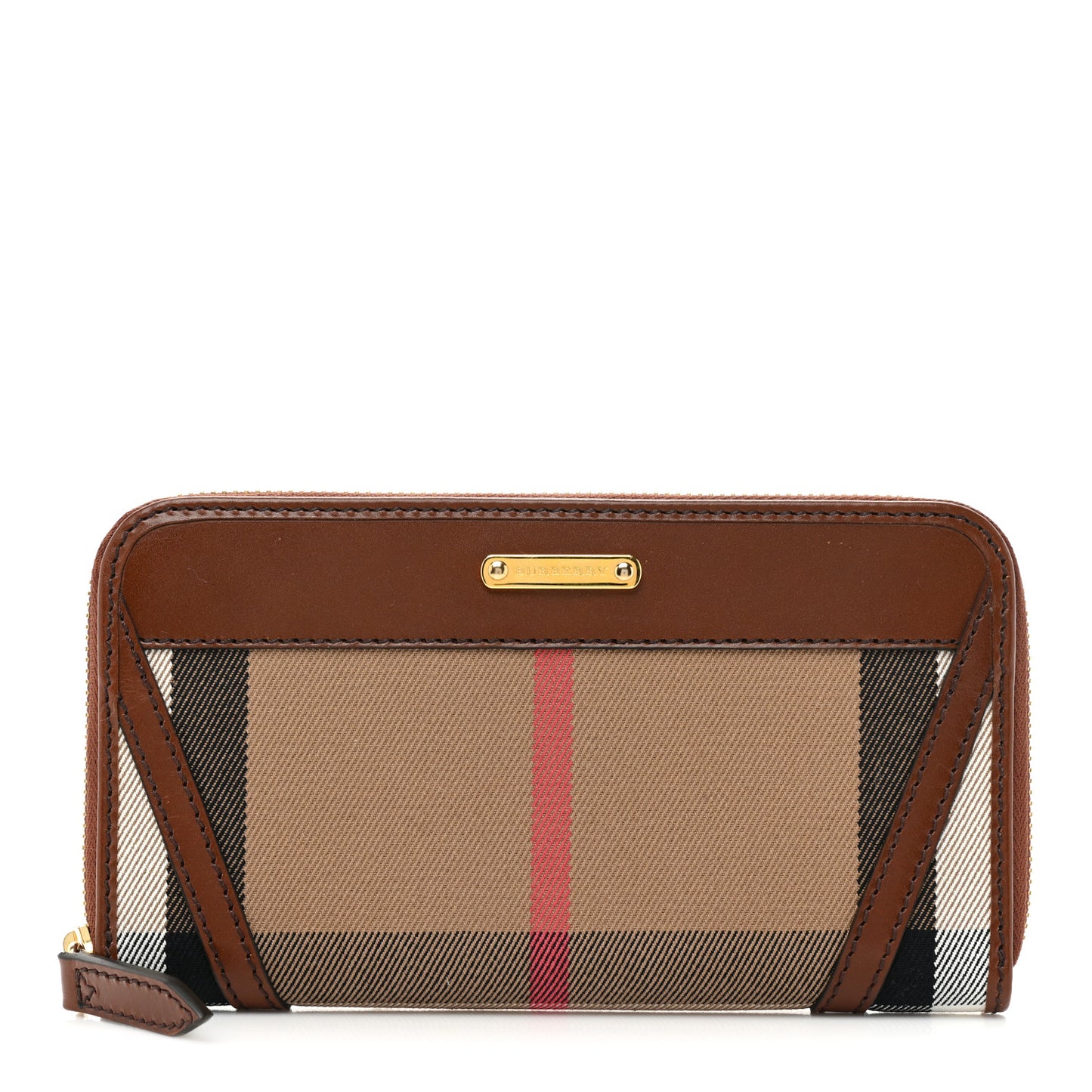 House Check Bridle Calfskin Ziggy Zip Around Wallet Dark Tan