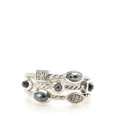David Yurman Sterling Silver Diamond Onyx Hematine Confetti 3 Row Ring 7 1 of 4
