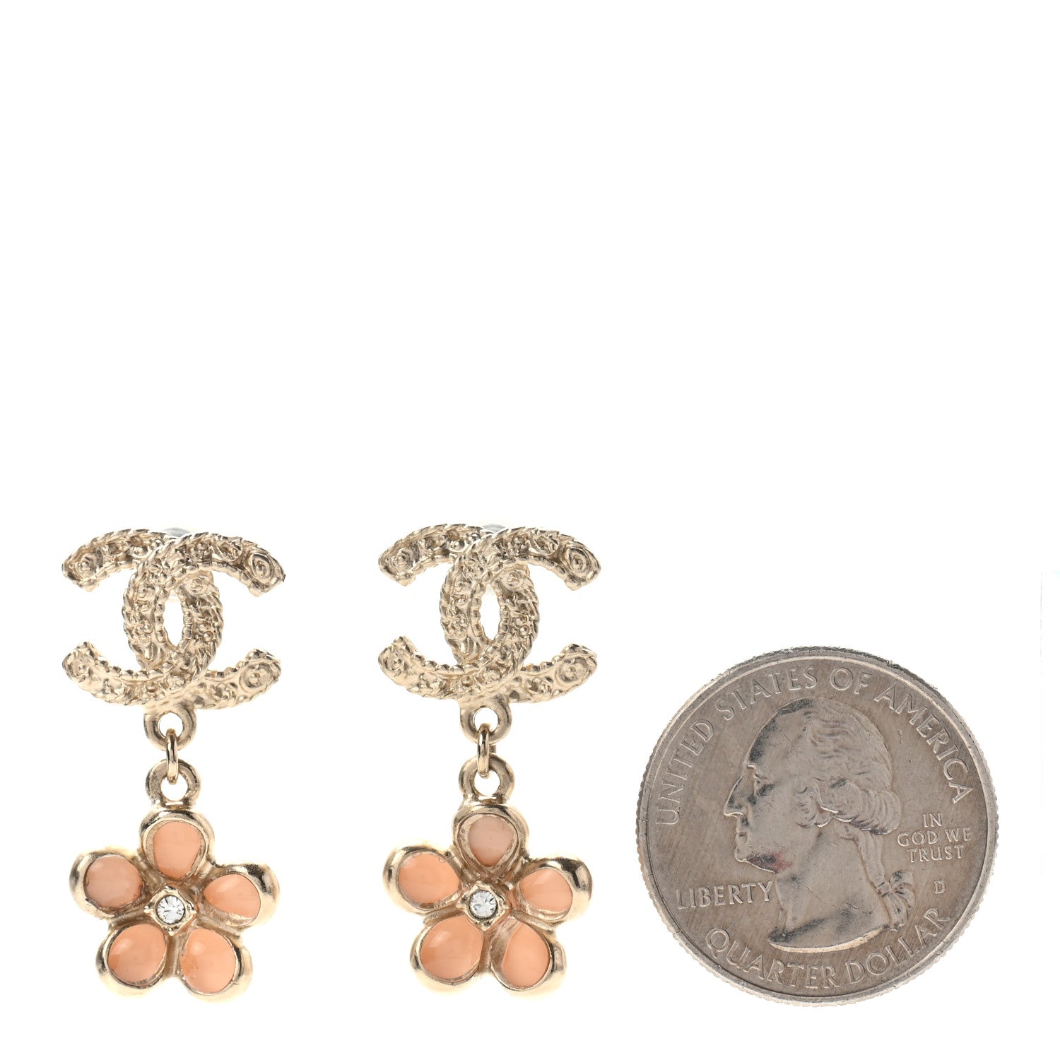 Chanel Crystal CC Flower Drop Earrings Pink Gold 2 of 4