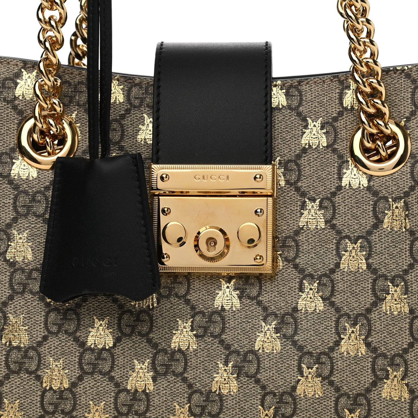 GG Supreme Monogram Bees Small Padlock Tote Beige Oro Black