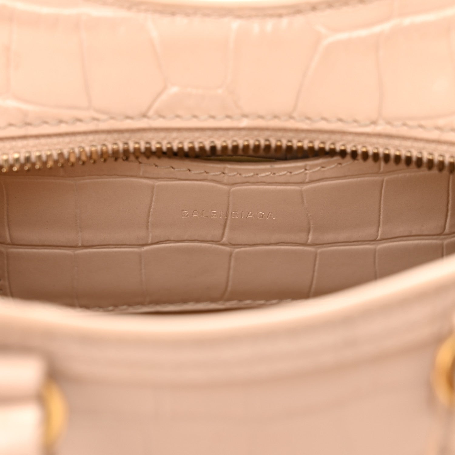 Balenciaga Shiny Supple Calfskin Crocodile Embossed Neo Classic Gold Hardware Nano City Crossbody Light Beige 6 of 10