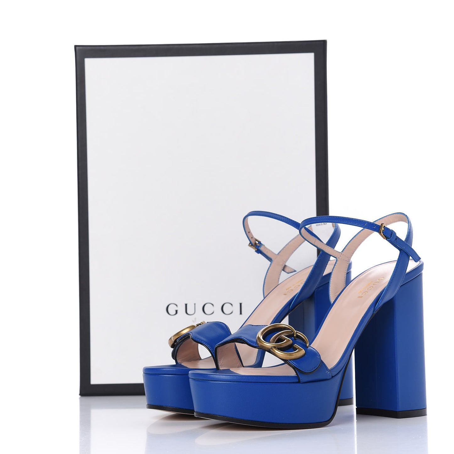 Calfskin GG Marmont Ankle Wrap 30/115mm Platform Sandals 36.5 Bright Blue