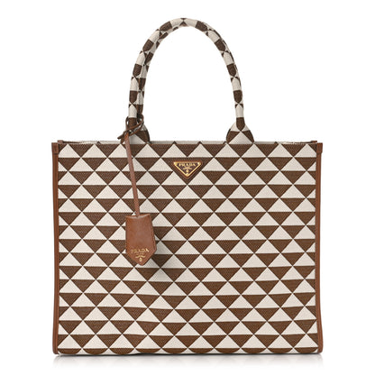 Prada Jacquard Saffiano Triangolo Symbole Embroidered Large Tote Tobacco Talco 1 of 8