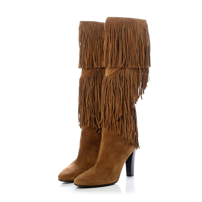Saint Laurent Suede Lily Knee High Fringed Boots 37 Cigar 3 of 12