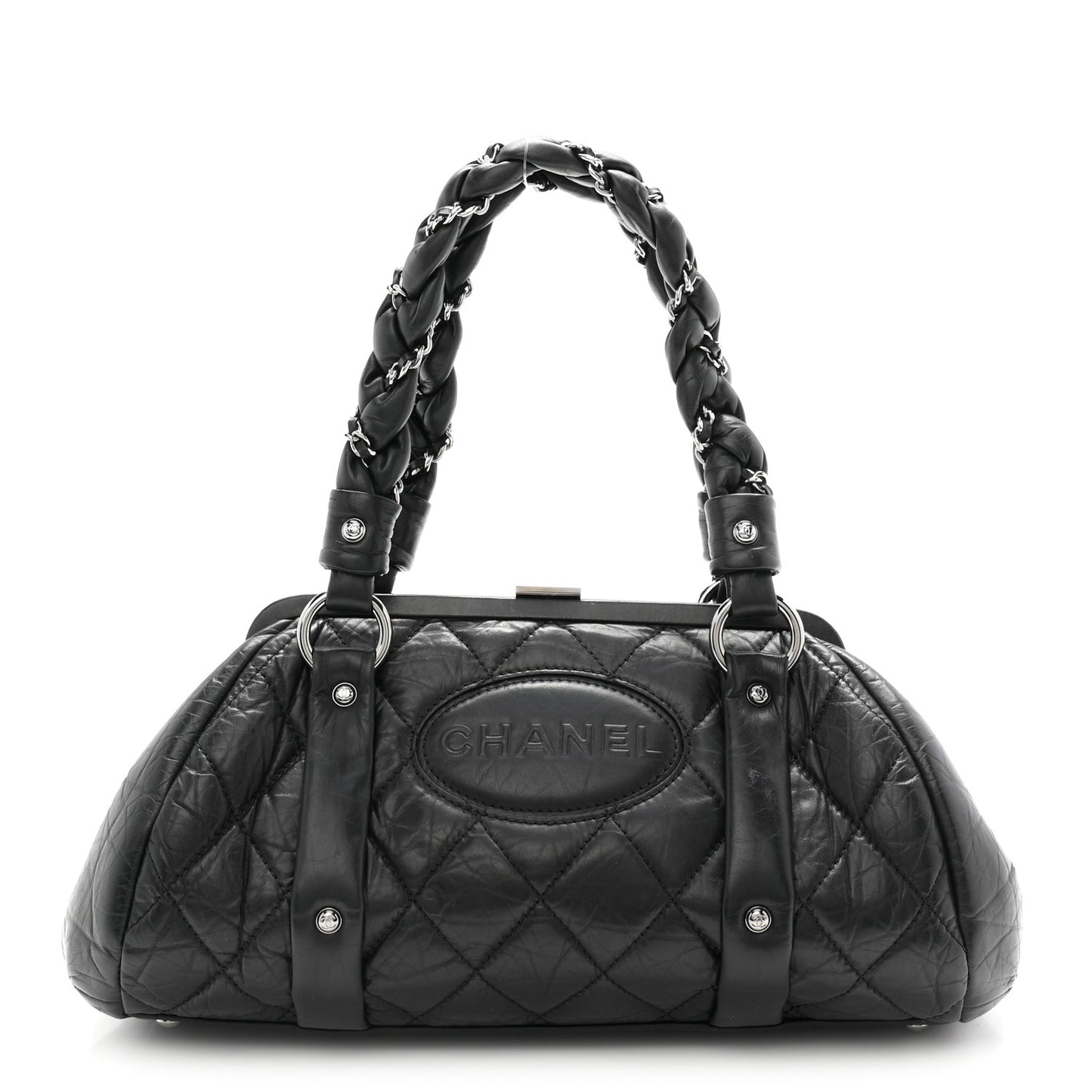 Distressed Lambskin Lady Braid Frame Bowler Black