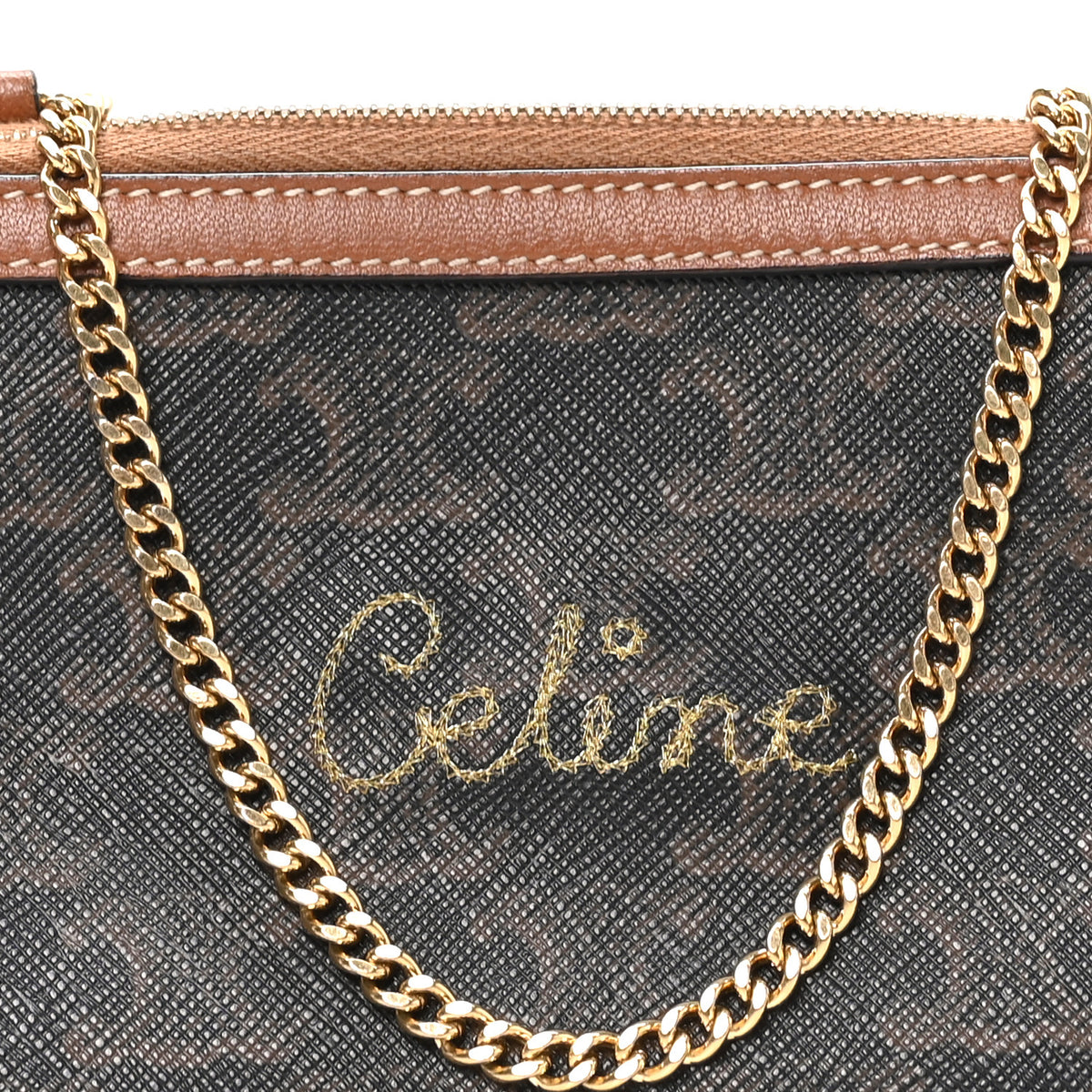 Lambskin Triomphe Canvas Embroidered Logo Clutch With Chain Tan