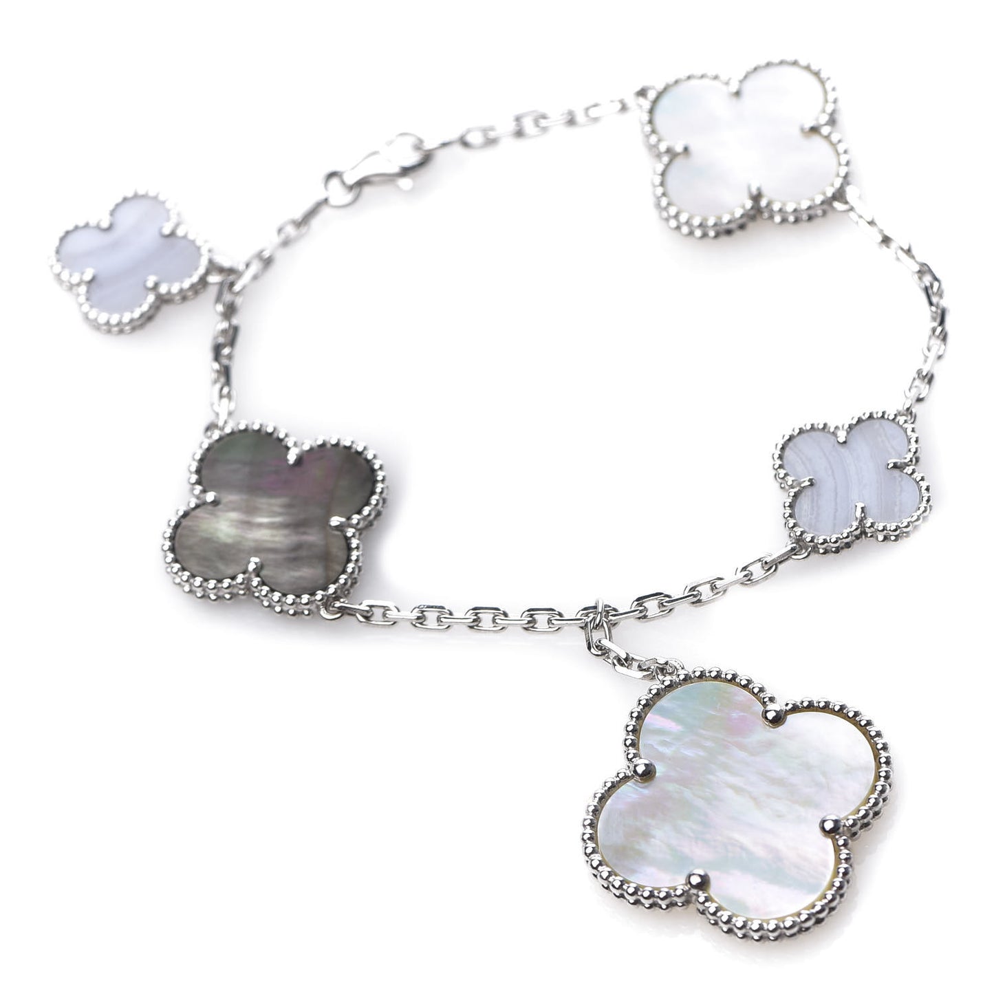 18K White Gold Chalcedony Mother of Pearl 5 Motifs Magic Alhambra Bracelet