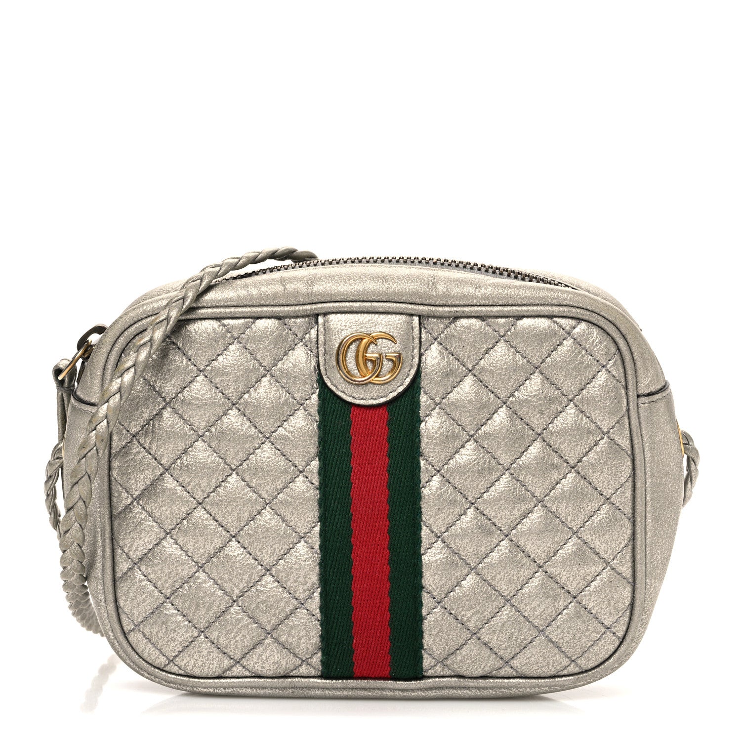 Gucci Laminated Nappa Web Trapuntata Mini GG Shoulder Bag Argento 1 of 11