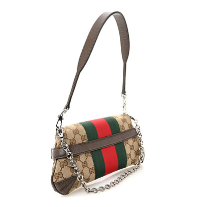 Gucci Monogram Textured Dollar Calfskin Heavy Grosgrain Web Small Maxi Horsebit Chain Shoulder Bag Beige Ebony New Acero 3 of 10